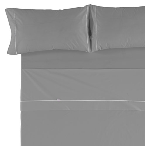 Es-Tela - Juego de sábanas liso con biés, color plomo, cama de 150 cm (2 almohadas), algodón-poliéster, 4 piezas