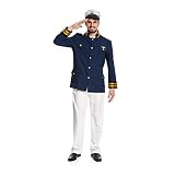 pilotenjacke damen Das blaue Kapitän-Sakko des Kostüms ist mit vier Taschen, goldenen Knöpfen und Streifen an Ärmeln und Kragen versehen, die Schultern sind mit Polstern und goldenen Kapitänsabzeichen ausgestattet, dazu passt die weiße Hose mit Gürtelschlaufen