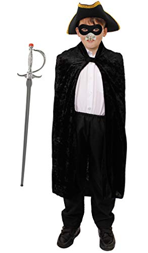 Children’s Highwayman Rodent Costume - Black Cape, Tricorn Hat, Rat Nose, Eyemask & Sword - Kids Fancy Dress for World Book Day, Halloween & Themed Parties