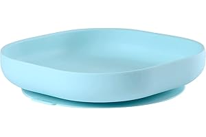 BÉABA, Assiette Ventouse pour Enfant, 100% silicone, matière douce et très resistante, Adhère table/tablette chaise haute, Languette permettant de soulever l’assiette, Compatible micro-onde, Bleu