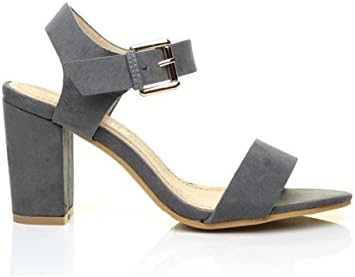 UK STREET FASHION New Womens Ladies Block Peep Toe Low Mid Heel Ankle Strap Party Strappy Court Shoes Sandals (6 UK/EU39, Grey Faux Suede)