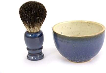 RAZZOOR Practical shaving brush set blue real badger - handmade ceramic bowl in blue and natural colors - shaving brush natural bristle badger for perfect shaving cream