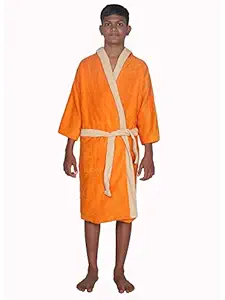 Aspire Woven Velour Bathrobe for 10 to 14 Year Old Kids, Full Sleeve, Kimono Collar, 100% Combed Cotton, Orange & Beige Color