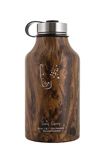 Swig Savvy, Borraccia Termica in Acciaio Inox e Contenitore per Coltivare Birra, Senza BPA, Thermos Riutilizzabile, a Doppia Parete, per Bevande Calde e Fredde (64oz), Legno da 64oz