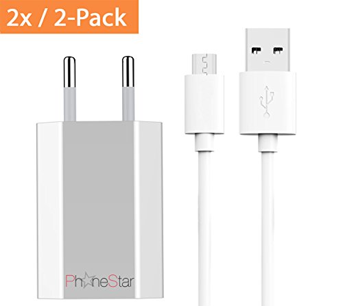 [2er-Pack] PhoneStar Micro USB Ladekabel Datenkabel 2 Meter inkl. 1A Netzteil für Android Smartphones Samsung, HTC, Sony, Nexus, Kindle, LG, etc. - weiß