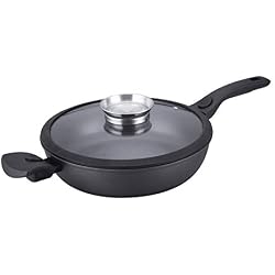 Poêle 28 cm professionnelle antiadhésive en pierre hauteur 7,5 cm, fond induction, deux poignées amovibles, couvercle en verre trempé, bouchon arôme vu en TV, utilisée par restaurant étoilé Michelin