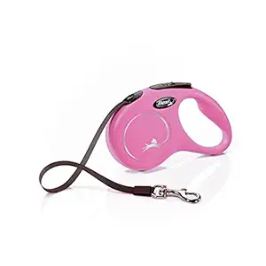 Flexi New Classic Automatic Dog Leash Pause and Lock, Retractable Comfortable One Hand Brake System Durable Non-Slip Handle Dog Walking and Training Leash Nylon Tape, Pink 5m/16 ft Small | Leash for Small Size Dog, Max Capacity - 15 KG