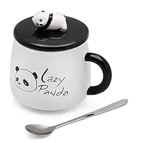 SATYAM KRAFT Ceramic Lazy Panda Printed Mug with Happy Diwali Card, Lid and Spoon - 1 Piece, Black, 450 ml