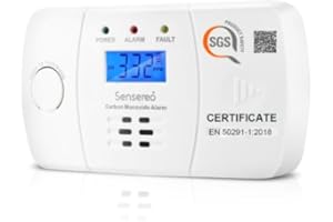 Sensereo Carbon Monoxide Detector by Figaro Sensor, 10-Year Life Carbon Monoxide Alarm for Home Safety, Replaceable AA Batteries Included, CO Detector with LED/LCD Display, BS-EN50291 marked