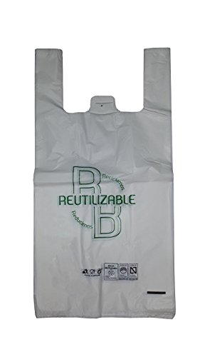 YMBERSA Bolsa camiseta reutilizable/desechable Grande (49 x 60 cm) para Comercio/Tiendas. Plástico 100% Alimentario Blanco. Paquete 100 Ud
