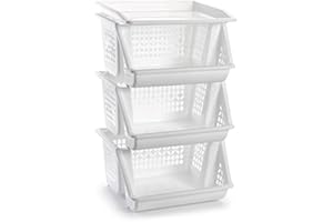 Acan Tradineur - Pack 3 cestas apilables Multiusos 58 x 38 x 29 cm，Carro verdulero 3 niveles apilables multicolores para elegir color que le gusta (Blanco) (PLUS)