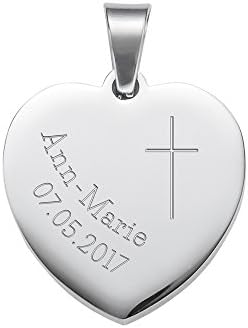 Pendant with Necklace in Stainless Steel - Engraved Heart Pendant for Communion or Confirmation - Cross - Personalised with Name and Date - Jewellery Gift