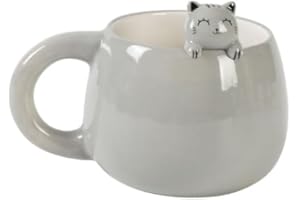 I-TOTAL® - Tasse en céramique avec animal en céramique sur le bord, tasse à thé ou café (GREY CAT) 450 ml