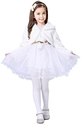 Xtrafun Girls Bolero White Flower Girls Fur Shrug Kids Faux Fur Shawl Party Cardigan Warm Jacket Wedding Cape For Communion Dress Christmas Gifts For  8-12Y Long Sleeve