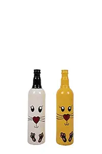 EAlma Hand Painted Bottles for Home Decor | Painted Glass Bottles Vases | Rabbit Print Bottles for Decoration | Unique Decorative Bottle Vase for Office & Living Room | Yellow & White, Set of 2