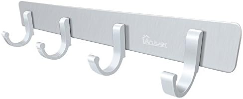 Multi-Purpose Coat Clothes Hanger Rack 4 Hooks Anjuer Bedroom Bathroom Kitchen Wall Mounted Towels Hats Robes Keys Handbags Hooks Accessories, Aluminum Alloy, Brushed Finish Silver