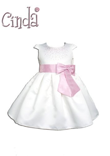 Cinda Satin Christening Party Dress+Headband White and Pink 3 - 6 Months