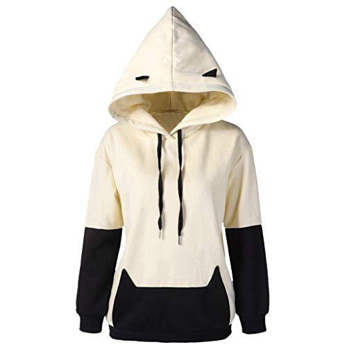 Toamen Womens Hoodies Sweatshirt Jumper Pullover Long Sleeve Patchwork Cat Ear Hooded Blouse Shirt Top Sweater