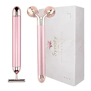 Synaty 2in1 Vibration Massager, T-Shaped Beauty Bar & V- Shaped Bar, For Face & Body (Rose Red)