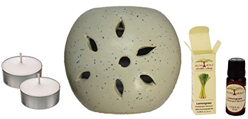 All Naturals Ball Shaped Aroma Burner Diffuser Combo with Lemongrass Essential Oil and 2 Pieces Tealight Candles (Off-White)