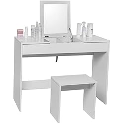 WOLTU MB6047ws Coiffeuse Table de Maquillage avec Miroir Pliable Dessus de Table Brillant avec Tabouret, 100 x 45 x 76cm, Blanc