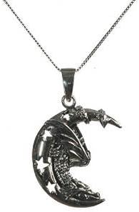 Dragon on Crescent Moon - 925 Sterling Silver Pendant Necklace with 18" silver chain - comes in black velvet ' Lisa Parker ' gift bag