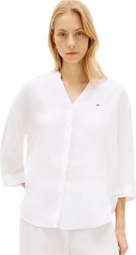 Tommy Hilfiger Donna Camicia Linen Collarless Mezza Manica, Bianco (TH Optic White), XXS