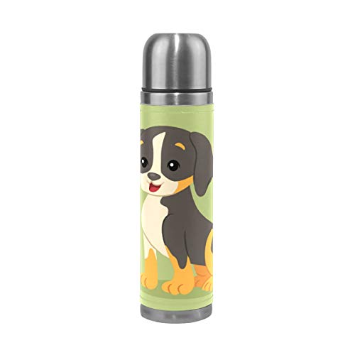 BEUSS Joy Pug Perro Botella de Agua Dosis de Vacuna Frasco de Vacío con Aislamiento de Acero Inoxidable Termo de Embalaje de Cuero a Prueba de Fugas(500Ml)