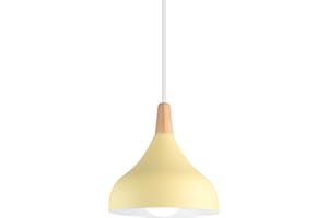 HONGHO Suspension Luminaire Vintage Métal Lustre Industriel Lampes E27 Corde Ajustable Abat-jour Bois Aluminium pour Salon Cuisine Restaurant Salle à manger Chambre (Jaune)