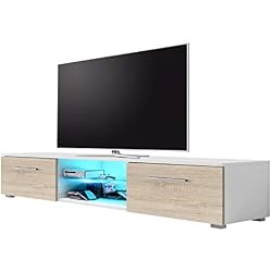 Selsey Edith - Meuble TV Suspendu / Table Basse TV / Banc TV de Salon (140 cm, Blanc Mat / Brun Clair mat avec l’éclairage LED bleue)