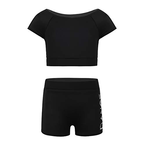 YiZYiF Enfant Fille Justaucorps de Danse Ballet Gymnastique Vêtement de Sport Costume Patinage Haut T-Shirt à Manche Court et Short de Danse Tenues de Yoga Ensemble 3-12 Ans Noir 5-6 Ans