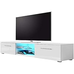 Edith - Meuble TV Bas 140 cm Blanc Mat Blanc Brillant LED Bleu