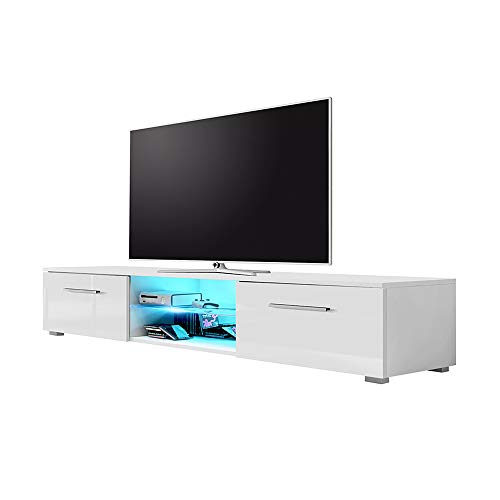 Edith - Meuble TV Bas 140 cm Blanc Mat Blanc Brillant LED Bleu