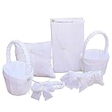 Libro de invitados: 25,4 x 15,2 cm. Juego de bolígrafos: 9 x 9 x 17 cm. Diámetro de la cesta de la flor: 11,4 cm. Altura: 22,8 cm. Almohada del anillo: 20 x 20 cm. Garter: circunferencia: 33 - 61 cm.