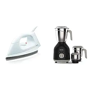 Philips HI113 1000-Watt Plastic Body PTFE Coating Dry Iron+Philips HL7756/00 Mixer Grinder, 750W, 3 Jars (Black)