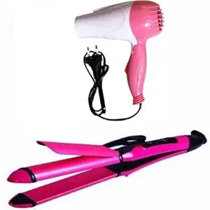 Combo Set of 2in1 Hair Straightener and Hair Curler-2009 + Professional Hair Dryer-1290 for Men and Women.