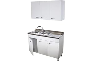 Arredobagno e Cucine Mobile Cucina 3 Ante con lavello Inox Sinistro 120, con scolapiatti e pensile, Bianco