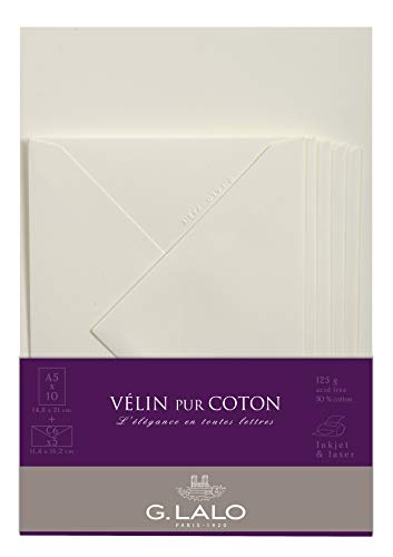 Lalo 61000L -Velin Pur Coton A correspondence set including 10 A5 125g sheets and 5 gummed envelopes C6 11.4x16.2 cm, Vellum pure cotton, Cream Straight