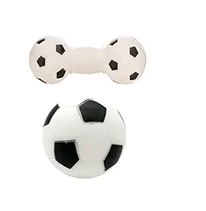 RvPaws Vinyl Squeaky Rubber Dog Toy Combo of 2 - Black & White Football + Black & White Dumbbell