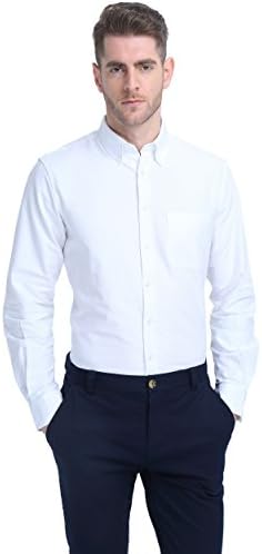 ATOUR Men's Long Sleeve Casual Oxford Shirt, Bianco, Large
