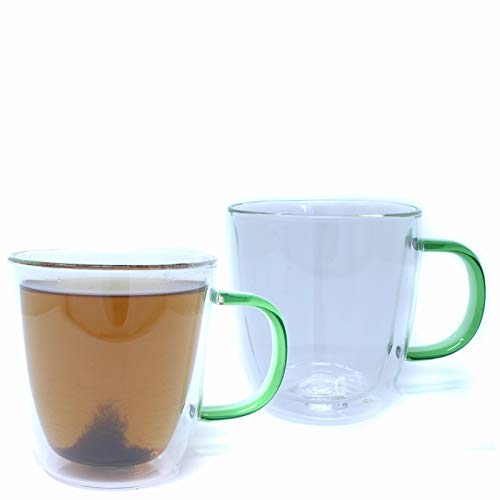 Amco Vasos de Vidrio de borosilicato de Pared Doble para té y café (Set de 2)(Mangos de Verde)