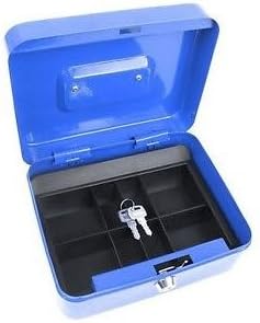 8" Petty Cash Box Safe Lock Removable Workplace Money Change Tray Tin. (Blue)