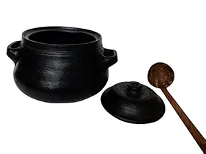 Beverlion LPG and Microwave Pre Seasoned Clay Handi/Earthen Pot for Cooking hot Pot with Lid, Steel Ring & Shell Spatula - 5 Litre - Black
