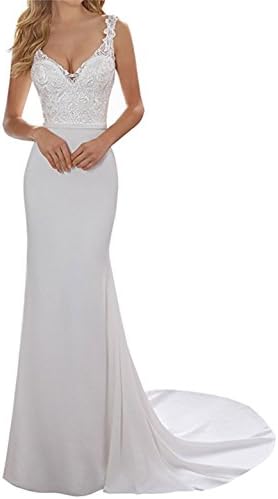 ANJURUISI Women's Sexy V-Neck Mermaid Backless Chiffon Beach Wedding Dress White-UK6