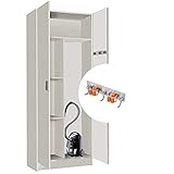 Acabado de melamina color blanco, Armario multiusos escobero de dos puertas. Espacio alargado de almacenaje a la derecha, 3 estantes a la izquierda y un estante superior