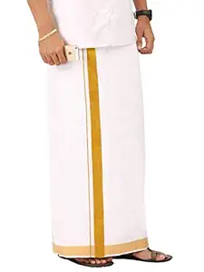 WITHERSHIN Men's Cotton Dhoti Lungi with Golden Zari Border (Off-White,2mtr)