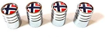 4x Schrader Valve Cap Valve Caps Chrome with flag Norway Noreg Norge N Logo Valve for all Vehicles Cars, Trucks, Bus Models Set of 4