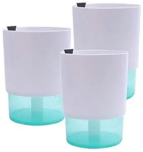 Self Watering Plastic Pot (Top x Bottom Dia x Height 10 x 8 x 10 cm, White) -Set of 3