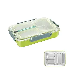 Srxes 3 Compartment Stainless Steel Lunch Boxes , Lunch Box Steel, Lunch Box for Kids to School, Lunch Box for Office Men Steel, Tiffin Boxes for Kids (Green)