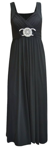 Ladies Fabulous! Black Grecian Wrap Dress silver Buckle 12 - 14 MAXI LONG LENGTH)